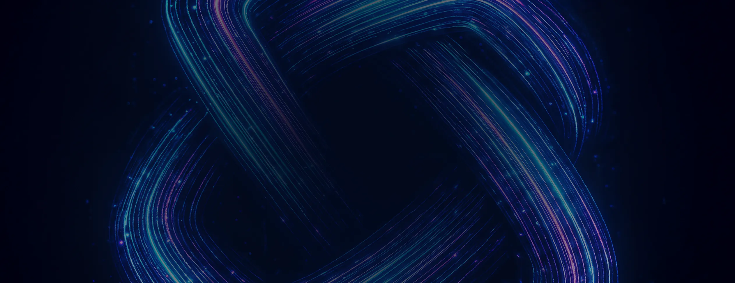 Composição abstrata de linhas luminosas entrelaçadas sobre fundo escuro, sugerindo movimento, ligação e inovação.