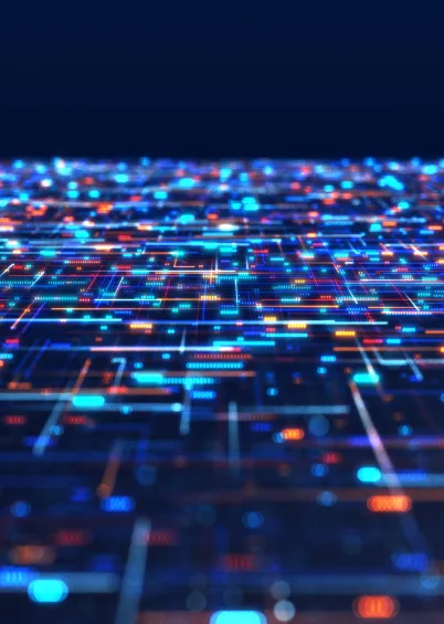 Uma visualização digital de linhas e pontos de luzes coloridas a moverem-se, representando um fluxo de dados ou uma placa de circuito.