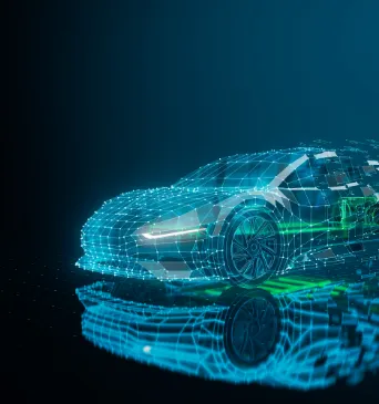 Um carro elétrico de cor azul e transparente, com o seu sistema de bateria e motor visível, representado por uma malha de pontos e linhas digitais sobre um fundo escuro.