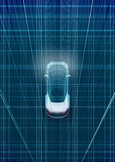 Um carro elétrico de cor clara, visto de cima, com uma sobreposição de linhas digitais azuis a simular uma rede de trânsito ou navegação.